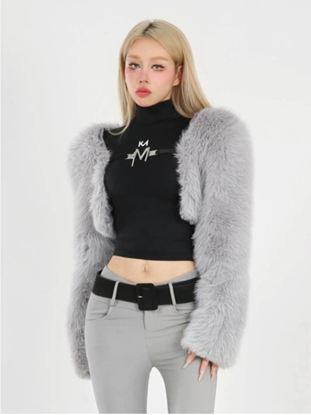 Cozy Faux Fur Shrug in Light Gray with Letter M Accent